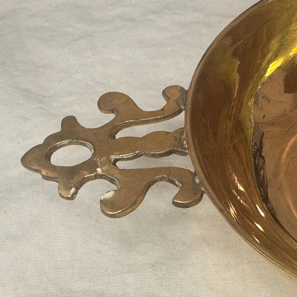 Vintage Brass Decorative Bowl with Ornate Scroll Handles Made in India 4.5